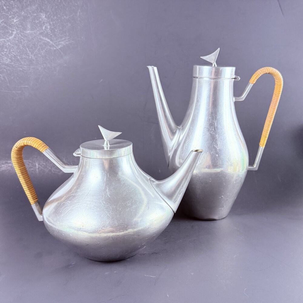 Reed & Barton Pewter MCM Coffee Tea Pot Set Danish Modern Rattan Handle Atomic - Picture 2 of 16